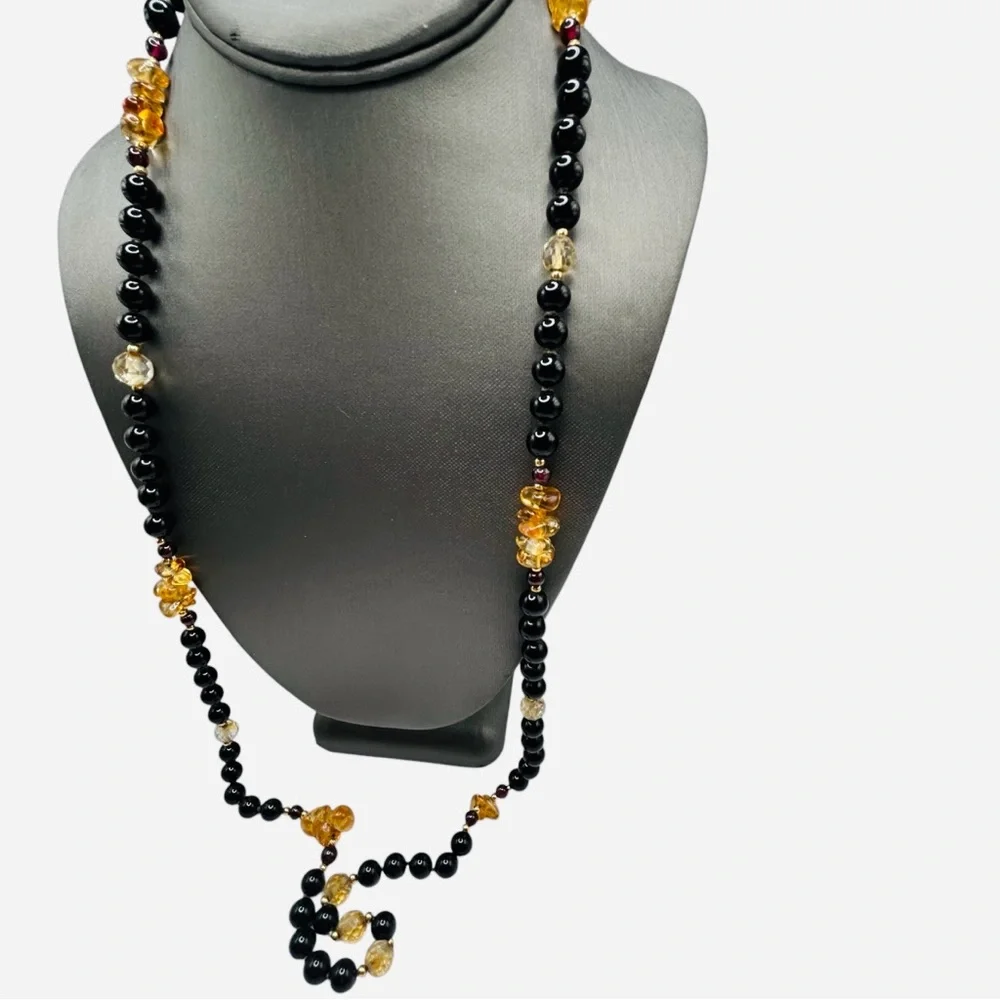 Vintage Black Onyx Citrine Garnet and 14K Gold Bead Long Necklace